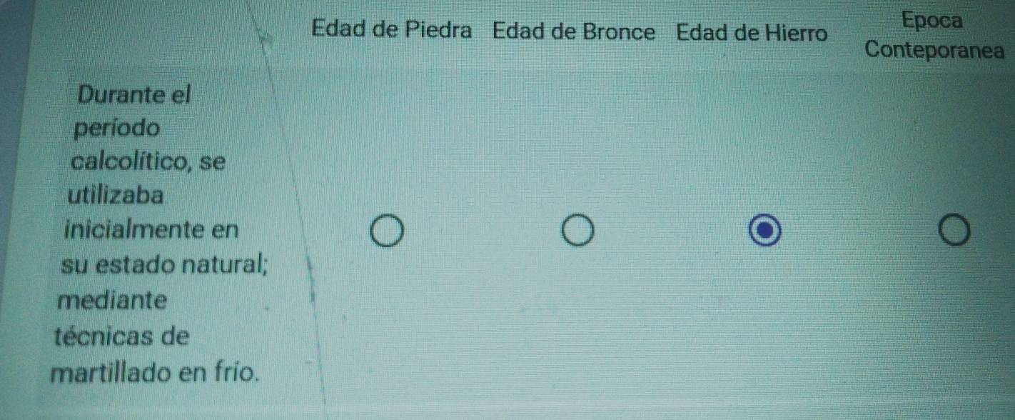 Edad de Piedra Edad de Bronce Edad de Hierro Epoca 
Conteporanea 
Durante el 
período 
calcolítico, se 
utilizaba 
inicialmente en 
su estado natural; 
mediante 
técnicas de 
martillado en frío.