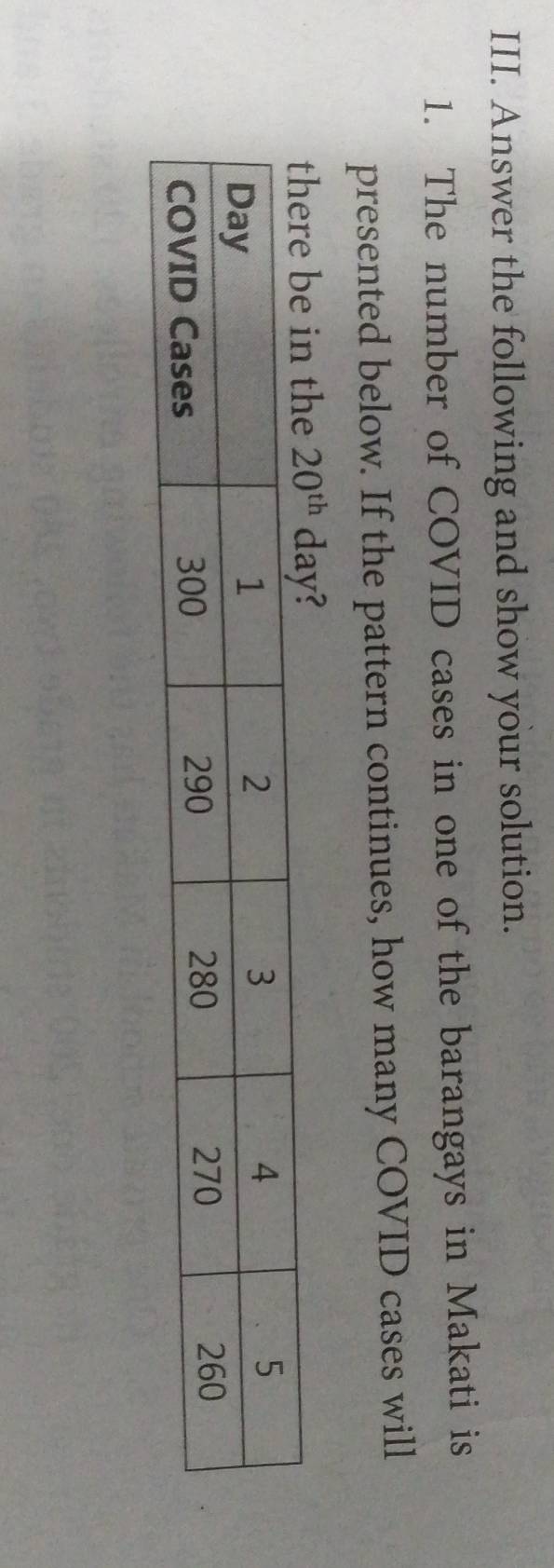 Answer the following and show your solution.
1. The number of COVID cases in one of the barangays in Makati is
presented below. If the pattern continues, how many COVID cases will