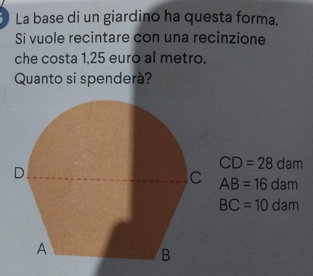 La base di un giardino ha questa forma.
Si vuole recintare con una recinzione
che costa 1,25 euro al metro.
Quanto si spenderà?
CD=28dam
AB=16dam
BC=10 dam