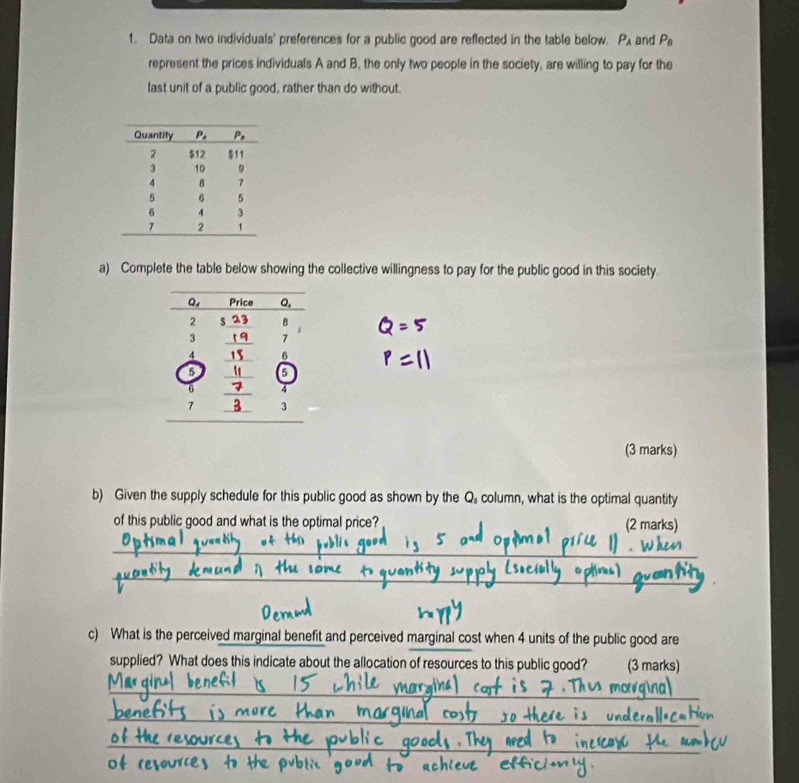 Data on two individuals' preferences for a public good are reflected in the table below. P_A and P_B
represent the prices individuals A and B, the only two people in the society, are willing to pay for the
last unit of a public good, rather than do without.
a) Complete the table below showing the collective willingness to pay for the public good in this society
(3 marks)
b) Given the supply schedule for this public good as shown by the Q column, what is the optimal quantity
of this public good and what is the optimal price? (2 marks)
_
_
_
c) What is the perceived marginal benefit and perceived marginal cost when 4 units of the public good are
supplied? What does this indicate about the allocation of resources to this public good?    (3 marks)
_
_
_
_