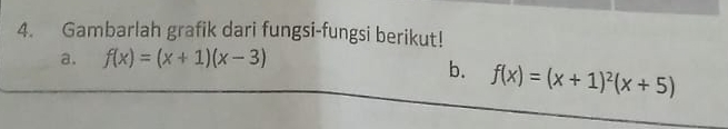 Gambarlah grafik dari fungsi-fungsi berikut! 
a. f(x)=(x+1)(x-3)
b. f(x)=(x+1)^2(x+5)