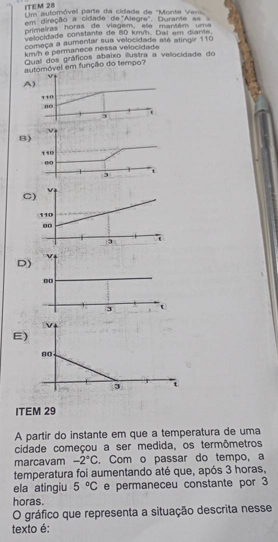 ITEM 28
Um automóvel parte da cidade de "Monte Vero
em direção a cidade de "Alegre". Durante as 
primeiras horas de viagem, ele mantém uma
velocidade constante de 80 km/h. Daí em diante,
começa a aumentar sua velocidade até atingir 110
km/h e permanece nessa velocidade
Qual dos gráficos abaixo ilustra a velocidade do
automóvel em função do tempo?
A
B)
110
00
3 t
C
D)
E)
ITEM 29
A partir do instante em que a temperatura de uma
cidade começou a ser medida, os termômetros
marcavam -2°C. Com o passar do tempo, a
temperatura foi aumentando até que, após 3 horas,
ela atingiu 5°C e permaneceu constante por 3
horas.
O gráfico que representa a situação descrita nesse
texto é: