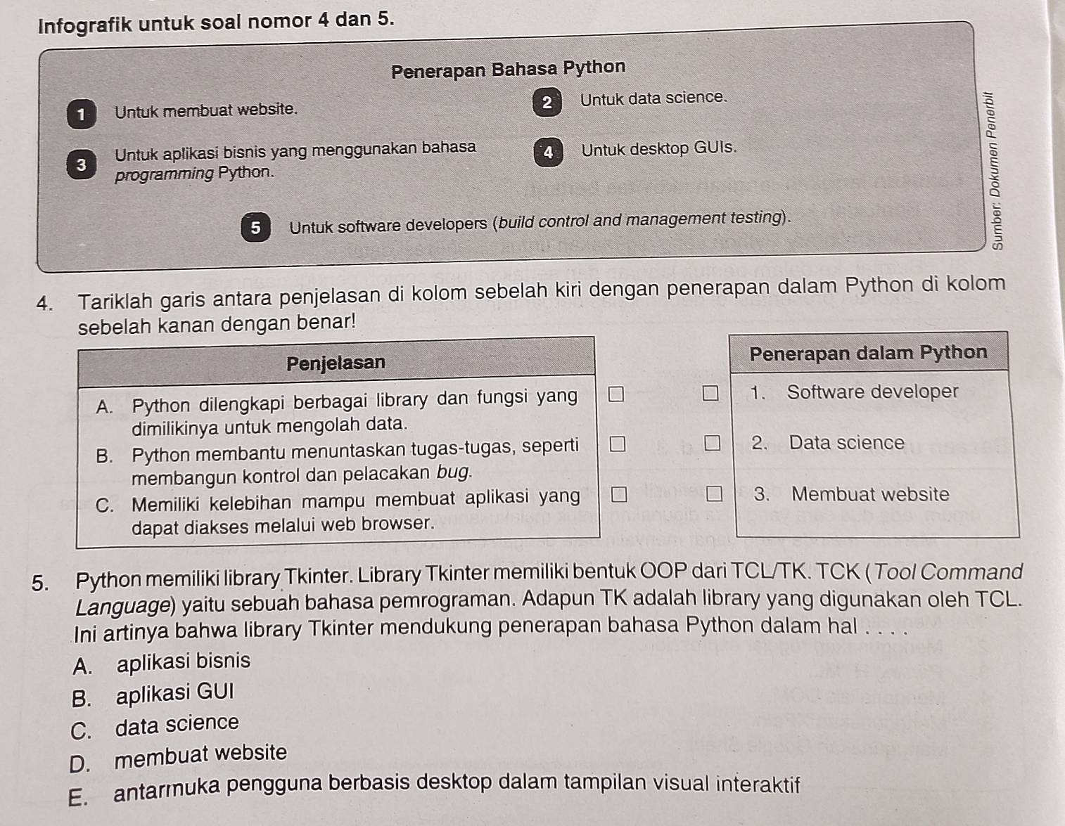 Infografik untuk soal nomor 4 dan 5.
Penerapan Bahasa Python
1 Untuk membuat website. 2 Untuk data science.
Untuk aplikasi bisnis yang menggunakan bahasa 4 Untuk desktop GUIs.
3
programming Python.
5 Untuk software developers (build control and management testing).
5
4. Tariklah garis antara penjelasan di kolom sebelah kiri dengan penerapan dalam Python di kolom
enar!
5. Python memiliki library Tkinter. Library Tkinter memiliki bentuk OOP dari TCL/TK. TCK ( Tool Command
Language) yaitu sebuah bahasa pemrograman. Adapun TK adalah library yang digunakan oleh TCL.
Ini artinya bahwa library Tkinter mendukung penerapan bahasa Python dalam hal . . . .
A. aplikasi bisnis
B. aplikasi GUI
C. data science
D. membuat website
E. antarmuka pengguna berbasis desktop dalam tampilan visual interaktif