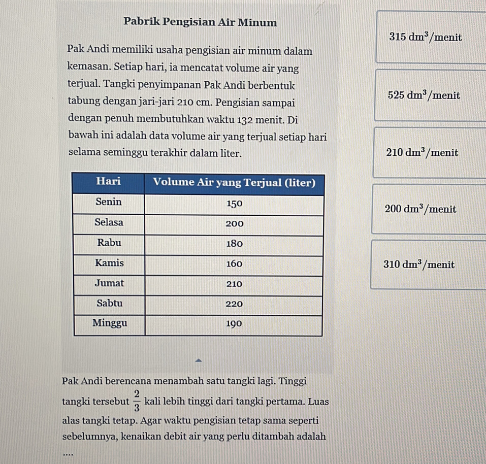 Pabrik Pengisian Air Minum
315dm^3/me nit 
Pak Andi memiliki usaha pengisian air minum dalam 
kemasan. Setiap hari, ia mencatat volume air yang 
terjual. Tangki penyimpanan Pak Andi berbentuk 
tabung dengan jari-jari 210 cm. Pengisian sampai
525dm^3 /menit 
dengan penuh membutuhkan waktu 132 menit. Di 
bawah ini adalah data volume air yang terjual setiap hari
210dm^3
selama seminggu terakhir dalam liter. /menit
200dm^3 /m enit
310dm^3 /menit 
Pak Andi berencana menambah satu tangki lagi. Tinggi 
tangki tersebut  2/3  kali lebih tinggi dari tangki pertama. Luas 
alas tangki tetap. Agar waktu pengisian tetap sama seperti 
sebelumnya, kenaikan debit air yang perlu ditambah adalah 
_