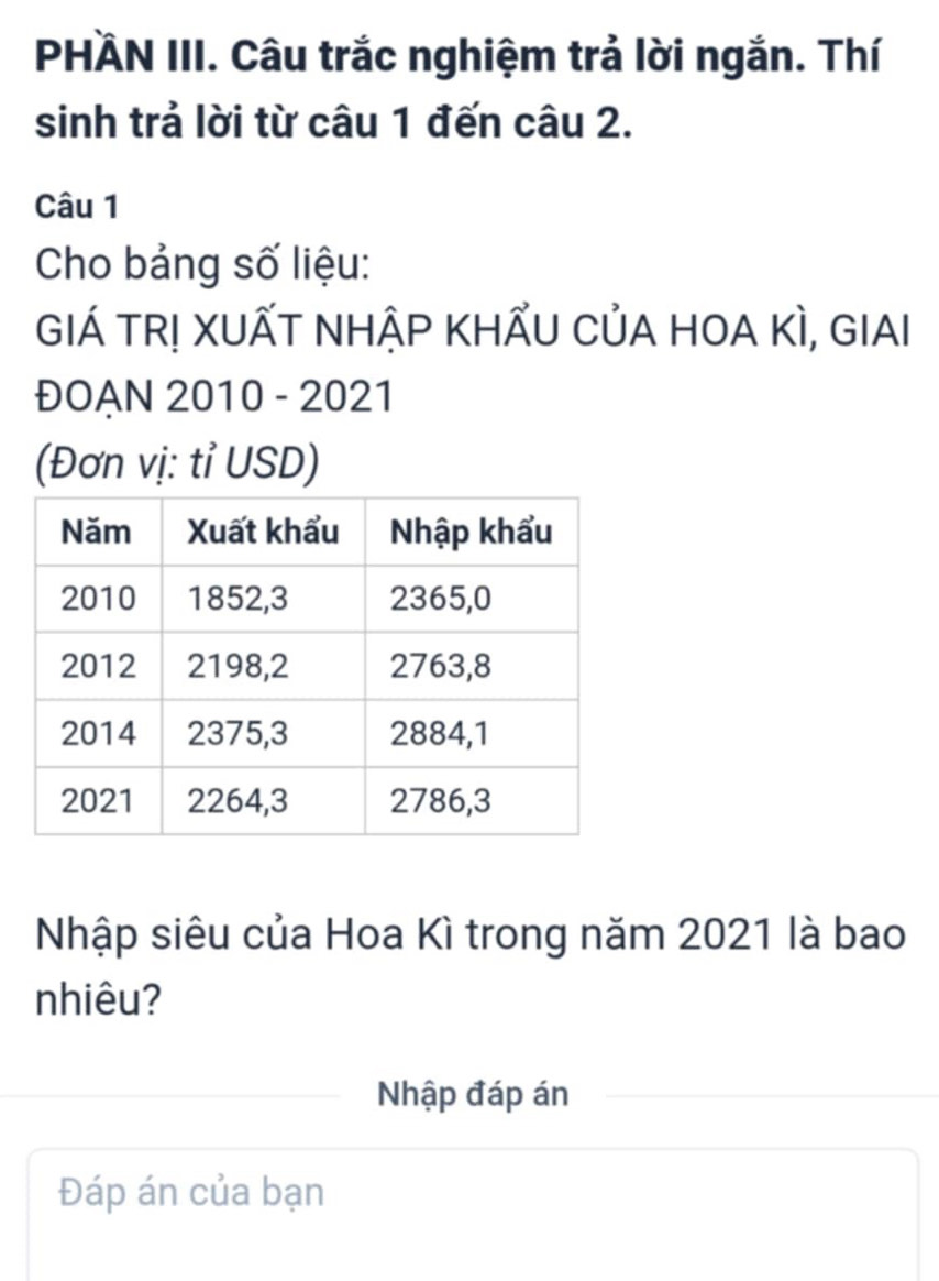 PHÄN III. Câu trắc nghiệm trả lời ngắn. Thí 
sinh trả lời từ câu 1 đến câu 2. 
Câu 1 
Cho bảng số liệu: 
GIÁ TR! XUẤT NHẬP KHẤU CủA HOA KÌ, GIAI 
ĐOẠN 2010 - 2021 
(Đơn vị: tỉ USD) 
Nhập siêu của Hoa Kì trong năm 2021 là bao 
nhiêu? 
Nhập đáp án 
Đáp án của bạn