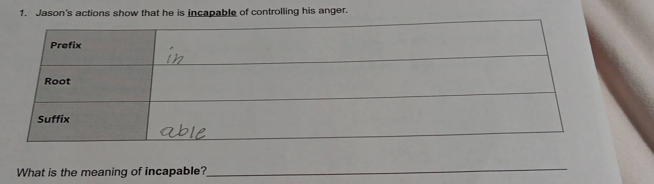 Jason's actions show that he is incapable of controlling his anger. 
What is the meaning of incapable? 
_