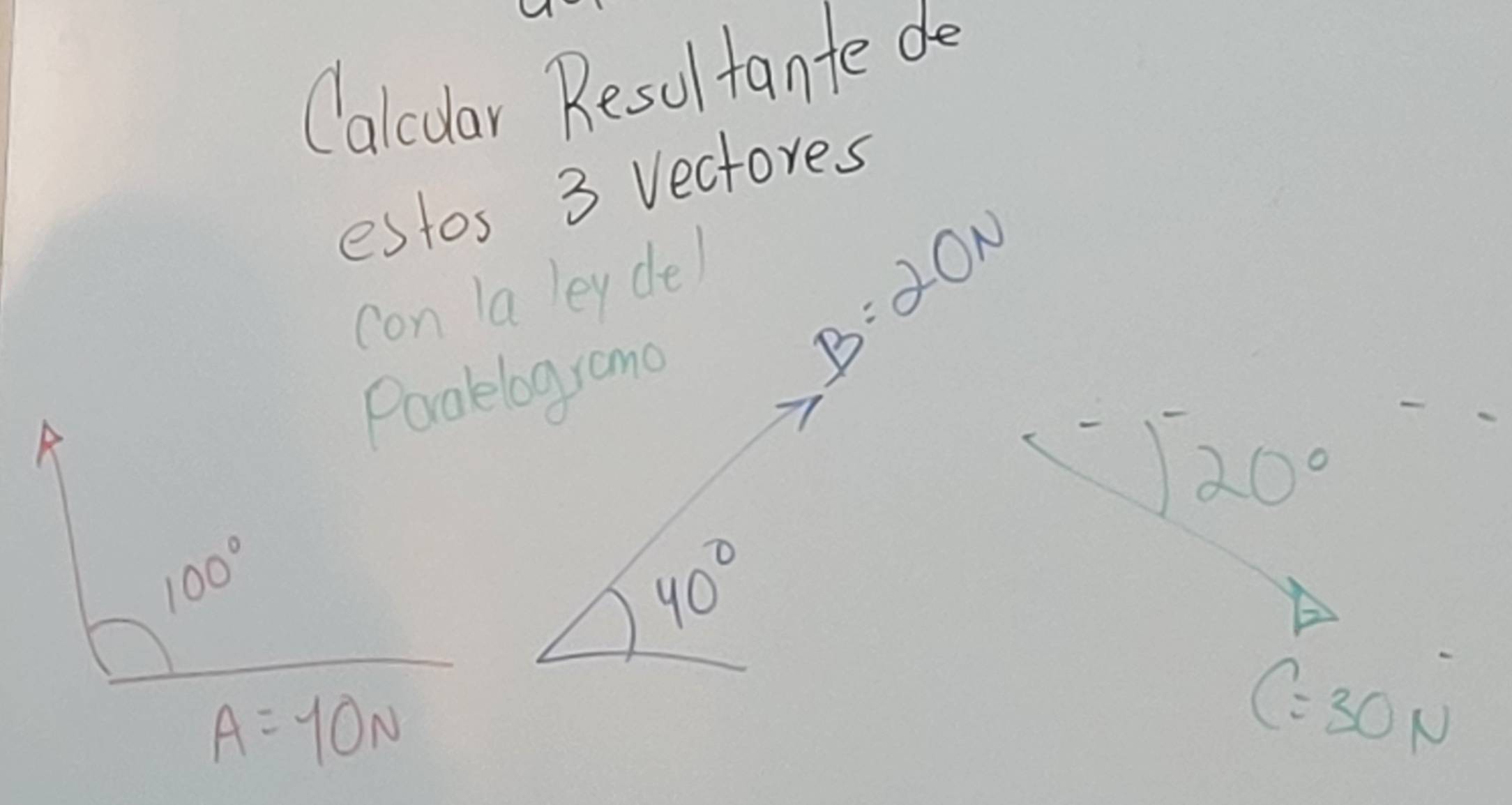 Calcudar Resultante de 
estos 3 Vectores 
con a ey de) 
Poglelogramo
B=20N
20°
100°
40°
A=10N
C=30N