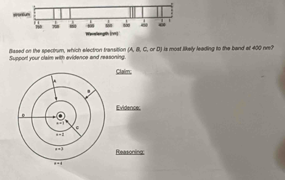 Based on the spectrum, which electron transition (A, B, C, or D) is most likely leading to the band at 400 nm? 
Support your claim with evidence and reasoning. 
Claim: 
A 
B 
Evidence: 
D
n=1
C
n=2
n=3
Reasoning:
n=4