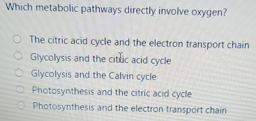 Which metabolic pathways directly involve oxygen?
The citric acid cycle and the electron transport chain
Glycolysis and the cittic acid cycle
Glycolysis and the Calvin cycle
Photosynthesis and the citric acid cycle
Photosynthesis and the electron transport chain