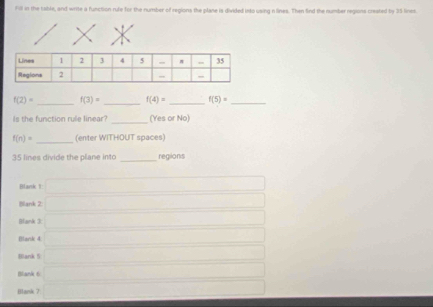 Fill in the table, and write a function rule for the number of regions the plane is divided into using n lines. Then find the number regions created by 25 linet
f(2)= _ f(3)= _ f(4)= _ f(5)= _ 
Is the function rule linear? _(Yes or No)
f(n)= _(enter WITHOUT spaces)
35 lines divide the plane into _regions 
Blank 1: □ 
Bliank 2: □ 
Bank 3 _ * _ =_  
Blank 4 □ 
Bank 5 _ * _ =_ 
Blank 6 □ 
Blank 7 □