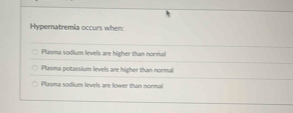 Solved: Hypernatremia occurs when: Plasma sodium levels are higher than ...