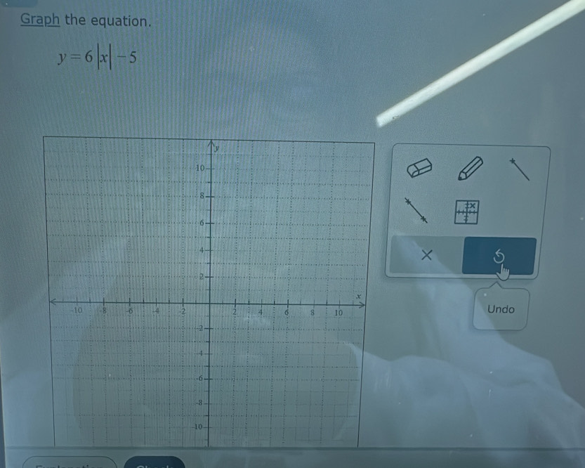 Graph the equation.
y=6|x|-5
× 
Undo