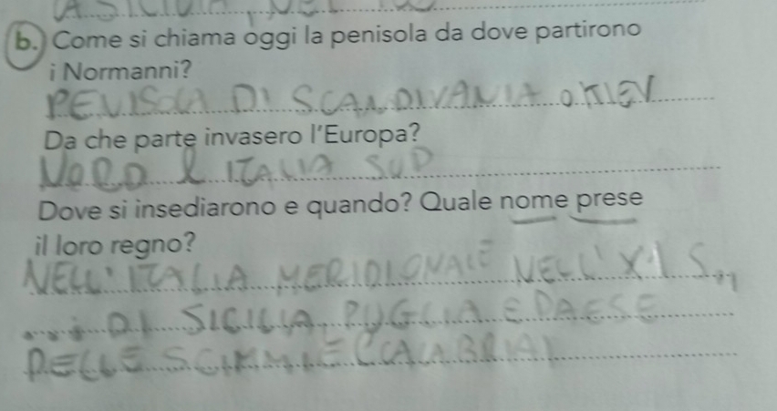 Come si chiama oggi la penisola da dove partirono 
i Normanni? 
_ 
Da che parte invasero l’Europa? 
_ 
Dove si insediarono e quando? Quale nome prese 
il loro regno? 
_ 
_ 
_