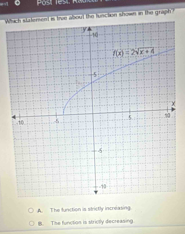 Post Test. Radi
Wction shown in the graph?
A. The function is strictly increasing.
B. The function is strictly decreasing.