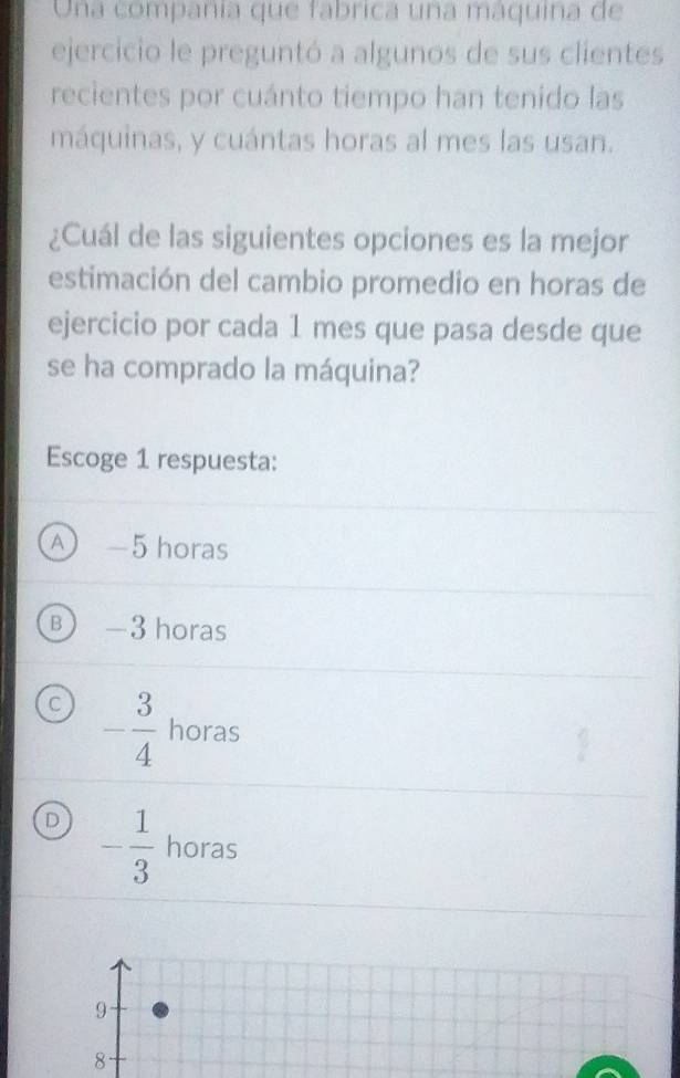 Una compañia que fabrica una máquina de
ejercicio le preguntó a algunos de sus clientes
recientes por cuánto tiempo han tenido las
máquinas, y cuántas horas al mes las usan.
¿Cuál de las siguientes opciones es la mejor
estimación del cambio promedio en horas de
ejercicio por cada 1 mes que pasa desde que
se ha comprado la máquina?
Escoge 1 respuesta:
A —5 horas
B -3 horas
C - 3/4  horas
D - 1/3  horas