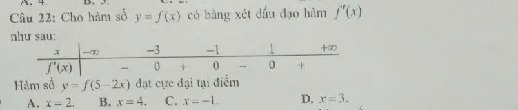 Cho hàm số y=f(x) có bảng xét dấu đạo hàm f'(x)
như sau:
Hàm số y=f(5-2x) đạt cực đại tại điểm
A. x=2. B. x=4. C. x=-1. D. x=3.