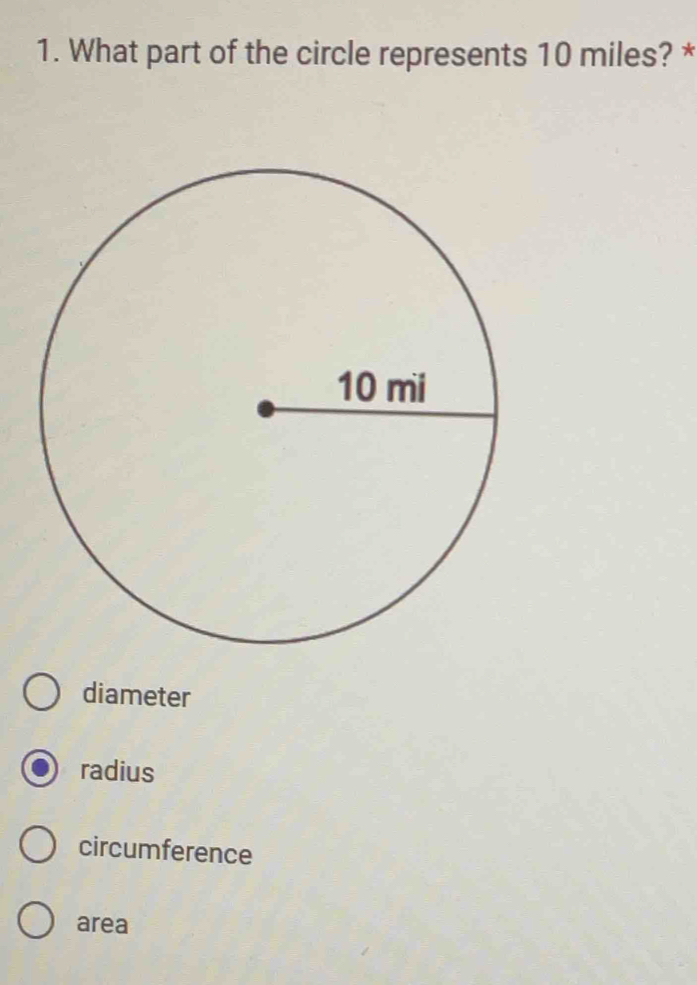 What part of the circle represents 10 miles? *
diameter
radius
circumference
area