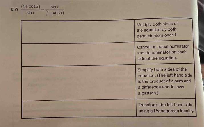 6.7)  ((1+cos x))/sin x = sin x/(1-cos x) 