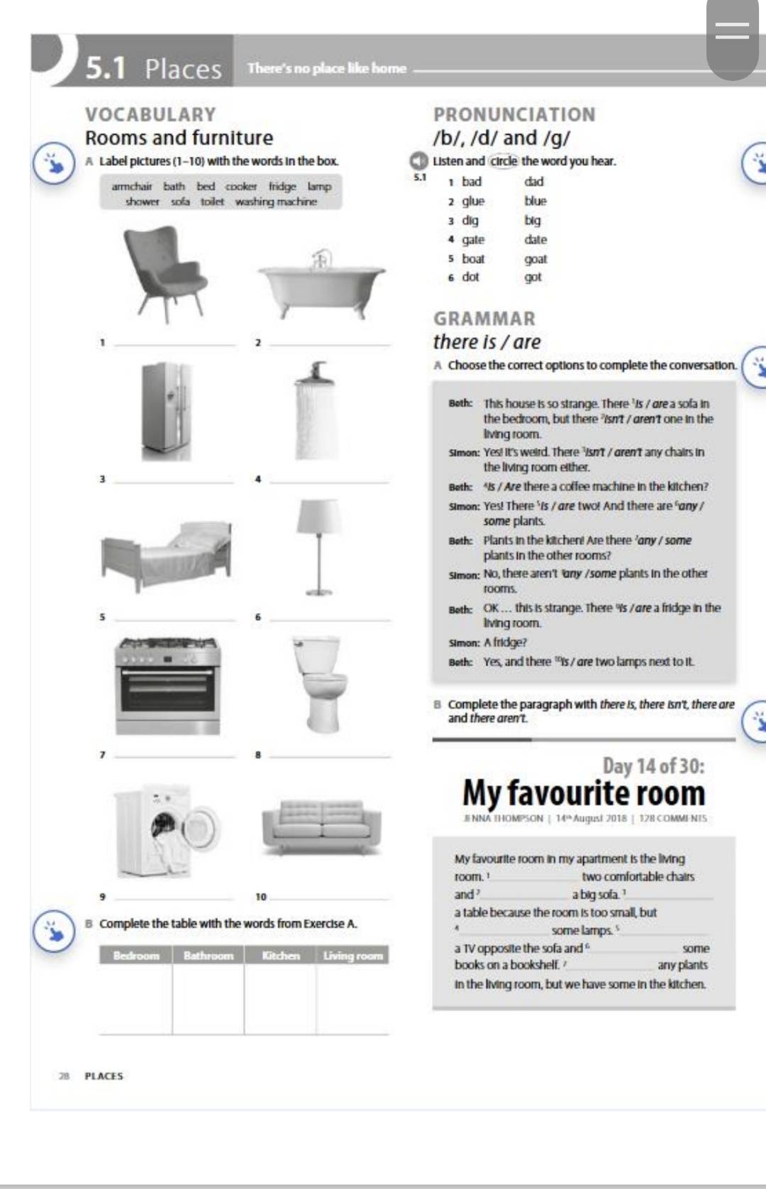 5.1 Places There's no place like home_
VOCABULARY PRONUNCIATION
Rooms and furniture /b/, /d/ and /g/
A Label pictures (1-10) with the words in the box. Listen and circle the word you hear.
5.1 1 bad
armchair bath bed cooker fridge lamp dad
shower sofa toilet washing machine 2 glue blue
3 dig big
4 gate date
5 boat goat
6 dot got
GRAMMAR
1 __there is / are
2
A Choose the correct options to complete the conversation.
Both: This house is so strange. There 'is / dre a sofa in
the bedroom, but there "isn't / aren't one in the
living room.
Simon: Yes! It's weird. There "isn't / dren't any chairs in
the living room either.
_3
_4
Beth: Is / Are there a coffee machine in the kitchen?
simon: Yes! There 'is / are two! And there are 'any /
some plants.
Both: Plants in the kitchen! Are there 'any / some
plants in the other rooms?
simon: No, there aren't any /some plants in the other
rooms.
Both: OK .. this is strange. There 's /are a fridge in the
_5
_6
living room.
Simon: A fridge?
Beth: Yes, and there "Is / are two lamps next to it.
Complete the paragraph with there is, there isn't, there ore
and there aren't.
_7
_8
Day 14 of 30:
My favourite room
I NNA |HOMPSON | 14ª Augusi 2018 | 128 COMME NTS
My favourite room in my apartment is the living
room. !_ two comfortable chairs
9 __and _a big sofa. '_
10
a table because the room is too small, but
B Complete the table with the words from Exercise A.
some lamps.'_
a TV opposite the sofa and' _some
books on a bookshelf.'
any plants
in the living room, but we have some in the kitchen.
7B PLACES