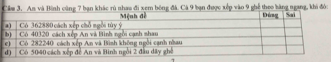 An và Bình cùng 7 bạn khác rủ nhau đi xem bóng đá. Cả 9 bạn được xếp vào 9 ghế theo hàng ngang, khi đó: