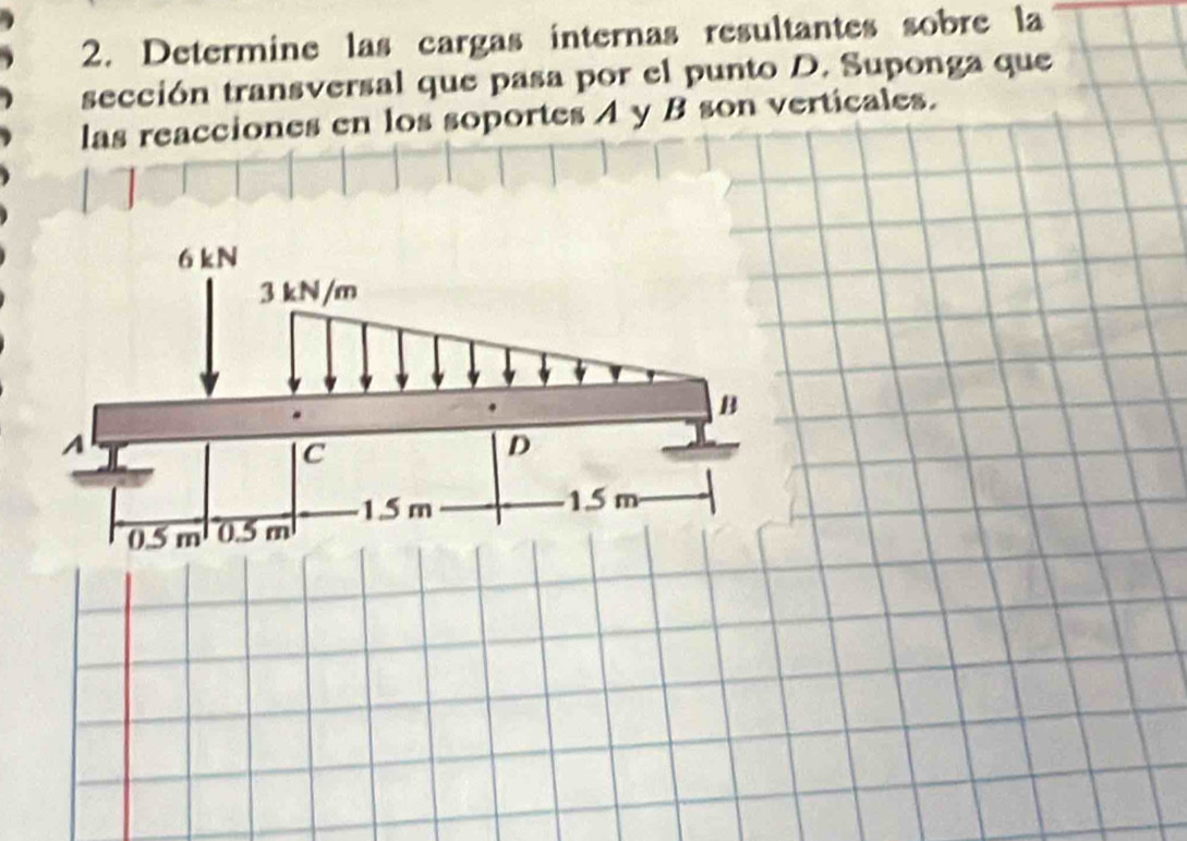 Determine las cargas internas resultantes sobre la 
sección transversal que pasa por el punto D. Suponga que 
las reacciones en los soportes A y B son verticales.