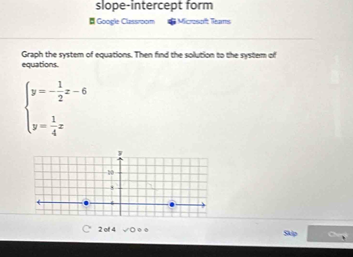 slope-intercept form 
# Google Classroom Micesoft leans 
Graph the system of equations. Then find the solution to the system of 
equations.
beginarrayl y=- 1/2 x-6 y= 1/4 xendarray.
2 of 4 Skip