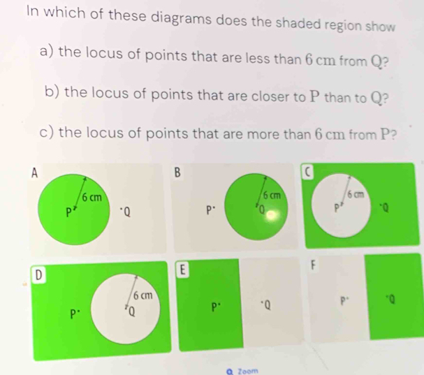 In which of these diagrams does the shaded region show
a) the locus of points that are less than 6 cm from Q?
b) the locus of points that are closer to P than to Q?
c) the locus of points that are more than 6 cm from P?
B
 
 
F
D
E
6 cm
P^(·) Q
P^(·) *Q P^(·) *Q
Q Zoom