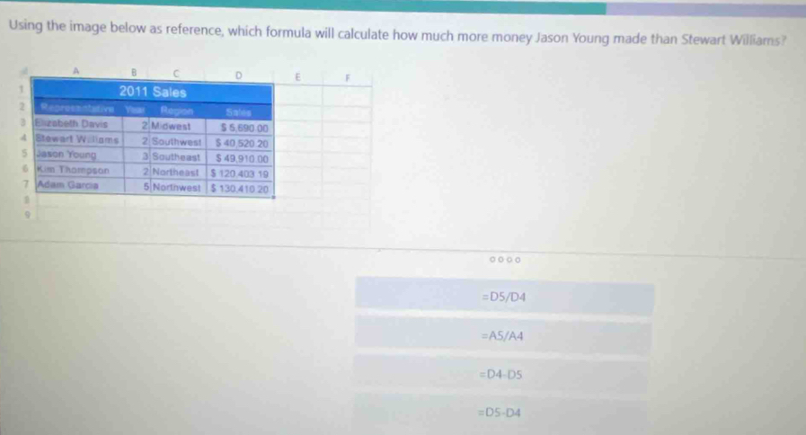 Using the image below as reference, which formula will calculate how much more money Jason Young made than Stewart Williams?
○ ○ o
=D5/D4
=AS/A4
=D4-D5
=D5-D4