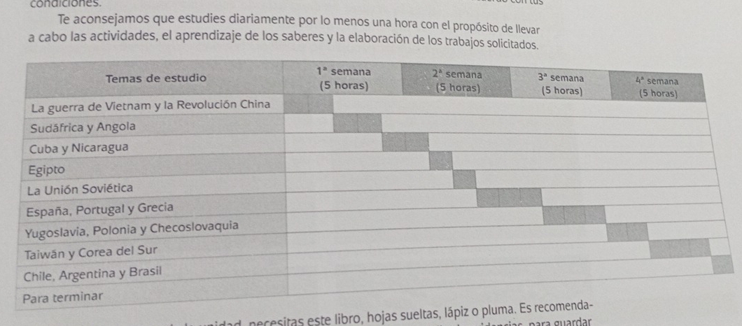 condiciones.
Te aconsejamos que estudies diariamente por lo menos una hora con el propósito de llevar
a cabo las actividades, el aprendizaje de los saberes y la elaboración de los trabajos solicitados.
necesitas este libro, hojas sueltas, lápiz o 
ara guardar