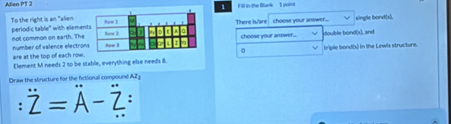 Allen PT 2 
1 Fill in the Blank 1 point 
To the right is an "alienchoose your answer.. single bond(s), 
periodic table" with elemenThere is/are 
not common on earth. The 
number of valence electron choose your answer... double bond(s), and 
are at the top of each row. 0 triple bond(s) in the Lewis structure. 
Element M needs 2 to be stable, everything else needs 8. 
Draw the structure for the fictional compound AZ_2
: Z=A-Z :