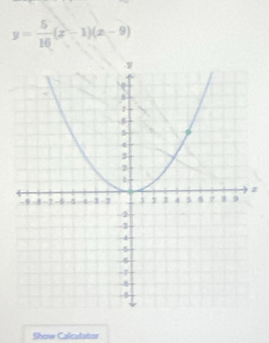 y= 5/16 (x-1)(x-9)
z
Show Caliculator