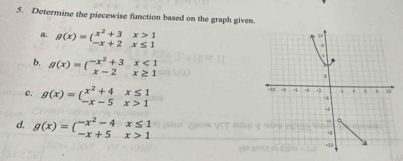 Determine the piecewise function based on the graph given.
a. g(x)=beginarrayl x^2+3x>1 -x+2x≤ 1endarray.
b. g(x)=beginarrayl -x^2+3x<1 x-2x≥ 1endarray.
c. g(x)=beginarrayl x^2+4x≤ 1 -x-5x>1endarray.
d. g(x)=beginarrayl -x^2-4x≤ 1 -x+5x>1endarray.