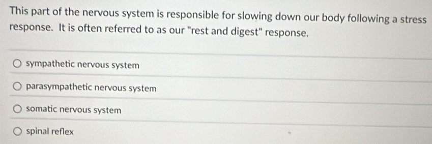 This part of the nervous system is responsible for slowing down our body following a stress
response. It is often referred to as our "rest and digest" response.
sympathetic nervous system
parasympathetic nervous system
somatic nervous system
spinal reflex