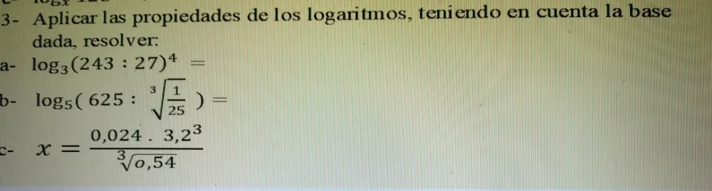 Solved: 3- Aplicar las propiedades de los logaritmos, teniendo en ...