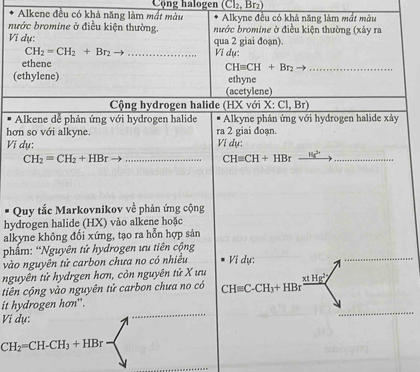 Cộng halogen (Cl_2,Br_2)
Alkene đều có khả năng làm mất màu Alkyne đều có khả năng làm mất màu
nư
Ví
(
 
hơ
Ví
 
hy
alk
ph
vào
ng
tiên
it h
Ví