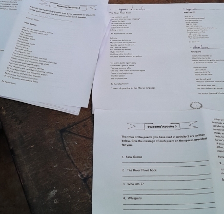 do Vohusa ucã Pr Strdasts An tivity 3 

_ 
“ , 

t g My cae h ng snd 
- _ a Wishgars 


I hat corue ecurnce of io 
I hare ad mp hmpinoringe. 
Lifel of dvere eact aingstent agcen 
Bọ Runodau Tim * 1019s of gaceting in te Márai Sqage 
Cnsuas tna scmés feman i at man atues my morson. 
un 
Studeats Activity 3 coingles w 
ragset ! 
The fifles of the poems you have read in jutivity 2 are wrmen 
shape n a ce. la 
for you. bolow. Give the mesiage of each paer on the spaces provided 
o ti aes 
ag 
L Tow b 
Fàm 
_ 
_ 
1. 
2. The River Flows back 
_ 
_ 
_ 
3. Who Am I? 
_ 
4. Whispers 
_ 
_