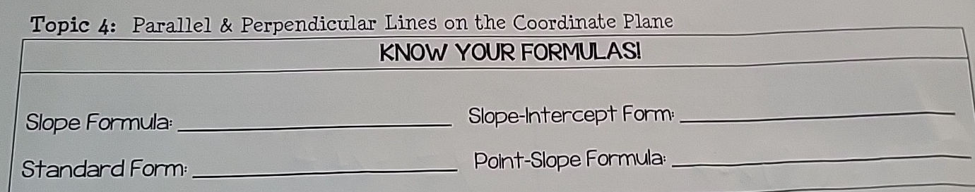 Topic 4: Parallel & Perpendicular Lines on the Coordinate Plane 
KNOW YOUR FORMULAS! 
Slope Formula:_ Slope-Intercept Form:_ 
Standard Form_ Point-Slope Formula:_