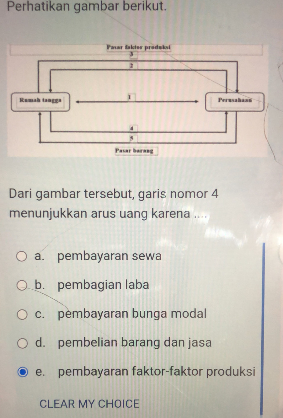 Perhatikan gambar berikut.
Dari gambar tersebut, garis nomor 4
menunjukkan arus uang karena ....
a. pembayaran sewa
b. pembagian laba
c. pembayaran bunga modal
d. pembelian barang dan jasa
e. pembayaran faktor-faktor produksi
CLEAR MY CHOICE