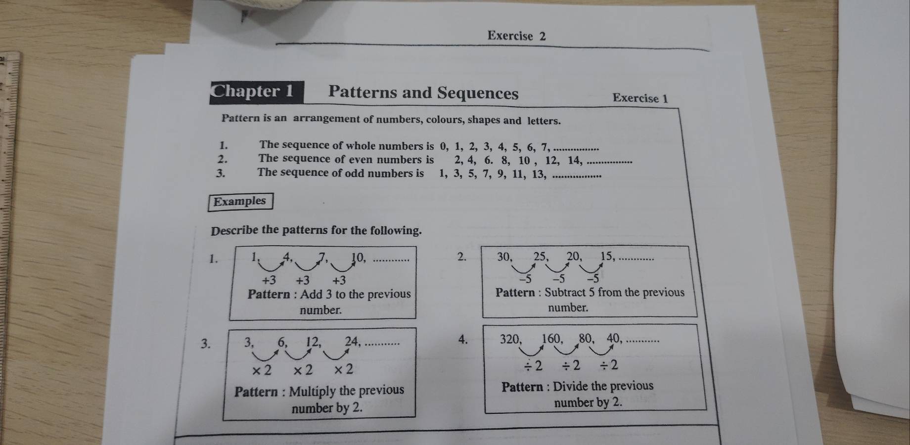 Chapter 1 Patterns and Sequences Exercise 1 
Pattern is an arrangement of numbers, colours, shapes and letters. 
1. The sequence of whole numbers is 0, 1, 2, 3, 4, 5, 6, 7, .................. 
2. The sequence of even numbers is 2, 4, 6. 8, 10 , 12, 14, .................. 
3. The sequence of odd numbers is 1, 3, 5, 7, 9, 11, 13, .................. 
Examples 
Describe the patterns for the following. 
1. 2. 30, 25, 20, 15,
-5 -5 -5
Pattern : Subtract 5 from the previous 
number. 
4. 
3. 3, 6, 12, 24, ........... 320, 160, 80, 40, …....
* 2 * 2 * 2
/ 2 / 2 / 2
Pattern : Multiply the previous Pattern : Divide the previous 
number by 2. number by 2.