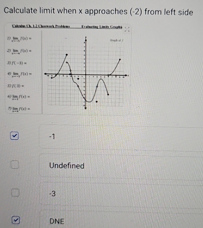 Calculate limit when x approaches (-2) from left side
Calculus Ch. 12 Chowwork Problems  Evalnating Límits Graphi
2) limlimits _xto -5f(x)=
2 limlimits _xto -4f(x)=
3) f(-3)=
4) limlimits _xto -3f(x)=
5) f(3)=
limlimits _xto 1f(x)=
7) limlimits _xto af(x)=
-1
Undefined
-3
DNE