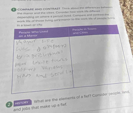 COMPARE AND CONTRAST Think about the differences between 
the manor and the cities. Consider how work life differed 
depending on where a person lived. Compare and contrast the 
work life of those living on a manor to the work life of people living 
2 HISTORY What are the elements of a fief, 
and jobs that make up a fief.
