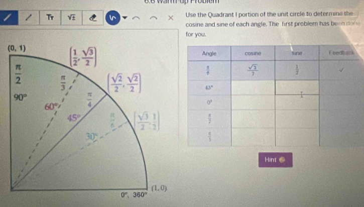 6.6 Wamup Frobiem
1 Tr sqrt(± ) Use the Quadrant I portion of the unit circle to determine the
cosine and sine of each angle. The first problem has been done
for you.
Hint 2