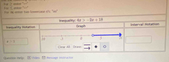 For ≥ enter ">=" 
For ≤ enter "<=" 
For ∞ enter two lowercase o's: "oo" 
Inequality: 4x>-2x+18
Inequality Notation Graph Interval Notation
x>3
Clear All Draw: 
Question Help: Video Message instructor