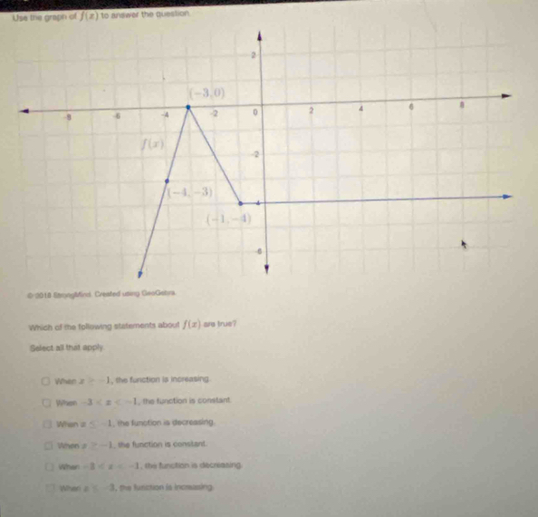 Uthe graph of f(x) to answer the question
# 2018 Stmnglifind. Created using GeoGebra
Which of the following statements about f(x) ara true?
Select all that apply
When x>-1 , the function is increasing.
When -3 , the function is constant.
When x≤ -1 , the function is decreasing.
When z -1 , the function is constant.
When -2 , ste function is decriasing
When x≤ -3 , the function is incsasing