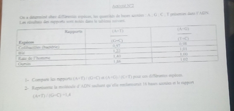 Activisé N''2
On a deserminé chez différentes espèces, les quantités de bases azotées : A:G:C
Les résaltats des rapports sont notés dans le tableau suivant. ; T présentes dans l'ADN
1- Compare les rapports (A+T)/(O+C)≌ (A+G)/(C+T) pour ces différentes espèces.
2- Représense la molécule d'ADN sachant qu'elie renformerait 16 bases asotées et le rapport
(A+T)/(G-C)=1,4