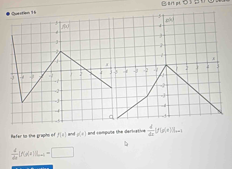 つ 3 31        
Question 16
Refer to the graphs of f(x) and g(x) and compute the derivative  d/dx [f(g(x))]_z=1
 d/dx [f(g(x))]_s=1=□