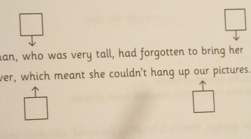 ian, who was very tall, had forgotten to bring her 
ver, which meant she couldn't hang up our pictures.