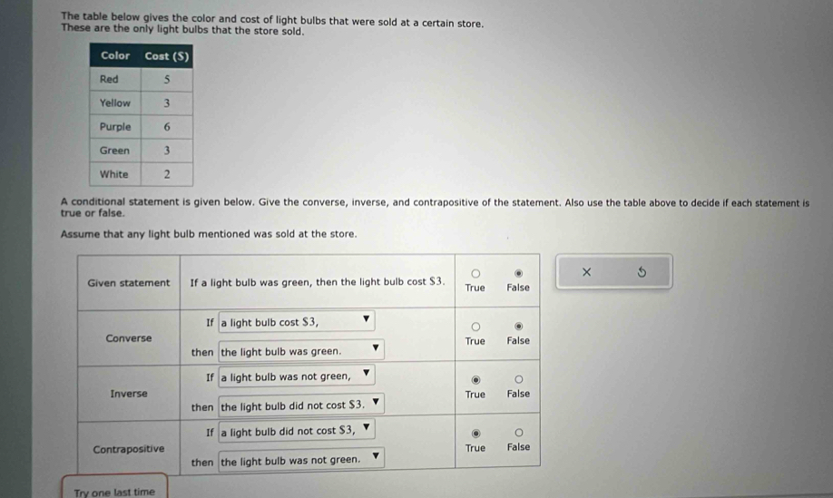 Solved: The table below gives the color and cost of light bulbs that ...