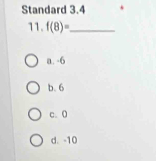 Standard 3.4
11. f(8)= _
a. -6
b. 6
c. 0
d. -10