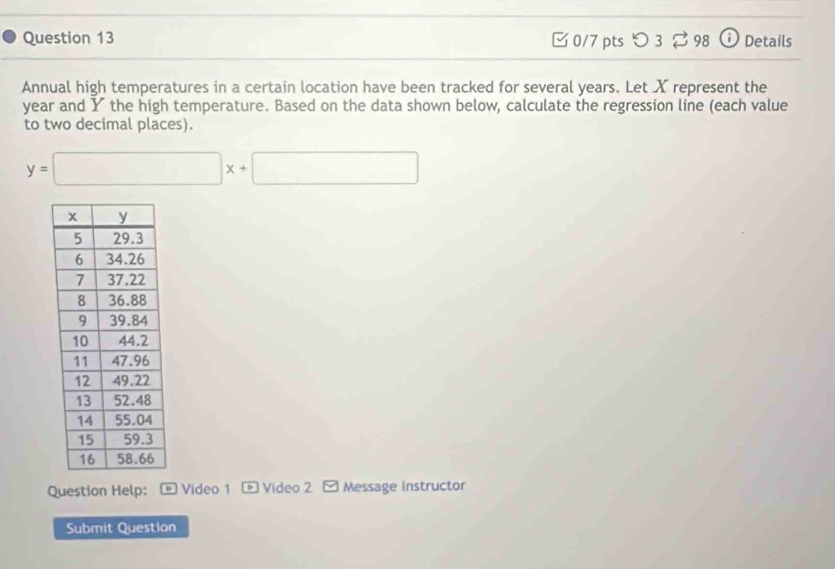 [ 0/7 pts つ 3 % 98 ⓘ Details 
Annual high temperatures in a certain location have been tracked for several years. Let X represent the
year and Y the high temperature. Based on the data shown below, calculate the regression line (each value 
to two decimal places).
y=□ x+□
Question Help: * Video 1 D Video 2 [ Message instructor 
Submit Question